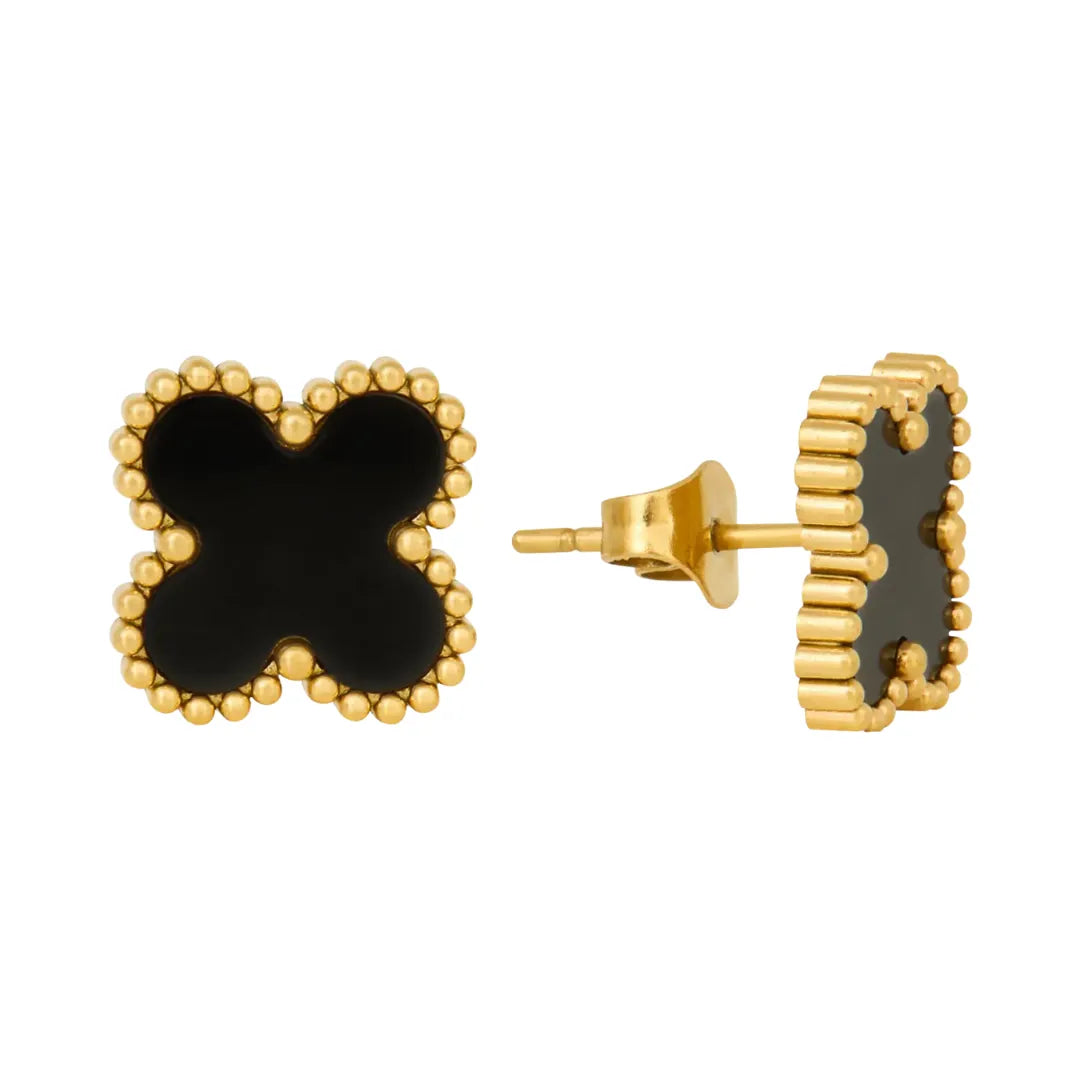 Aretes Trébol Negro con Acabado en Oro de 18K