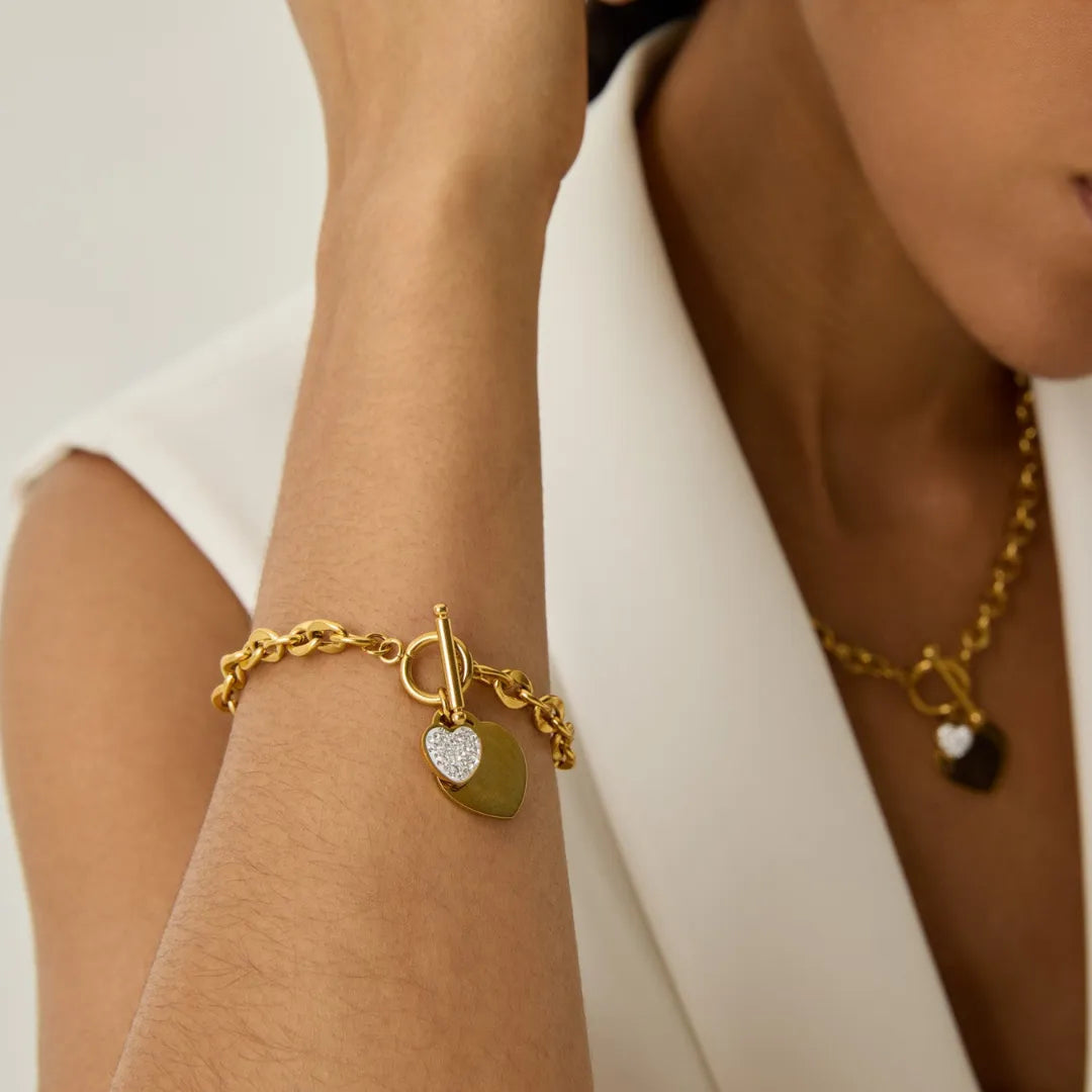 Pulsera de Eslabones Corazón Bañada en Oro 18k