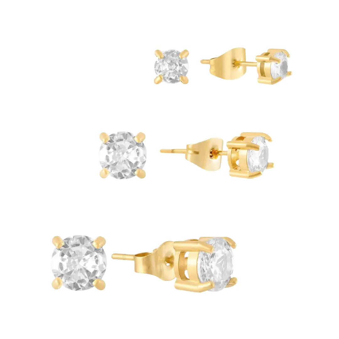 Trío de Aretes Solitario Bañados en Oro 18k