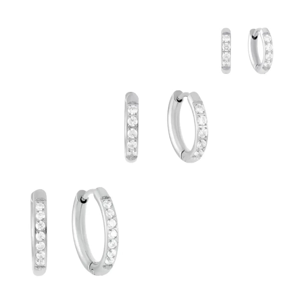 Trío de Aretes de Aro con Piedras Brillantes - Plata